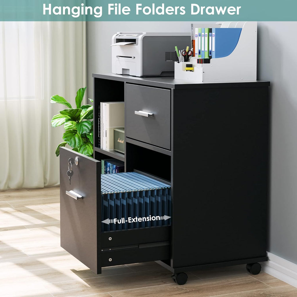 Black Wood File Cabinet with Lock and Drawers I26641
