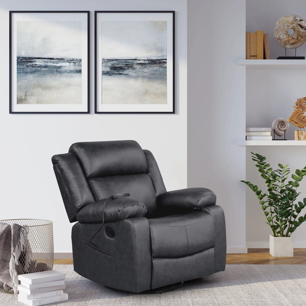 Black Faux Leather Swivel Recliner with Massage and Heat H96272
