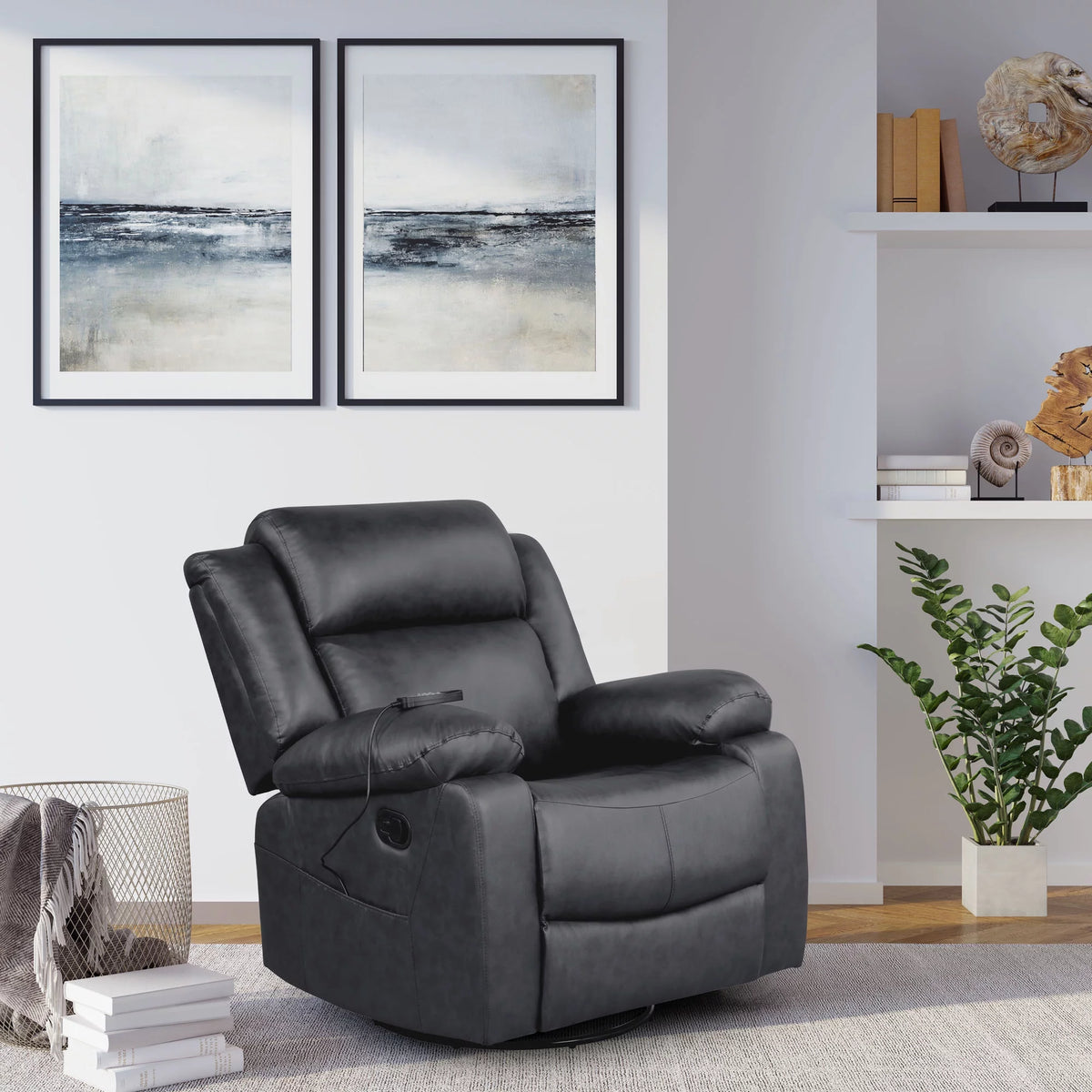 Black Faux Leather Swivel Recliner with Massage and Heat H96272