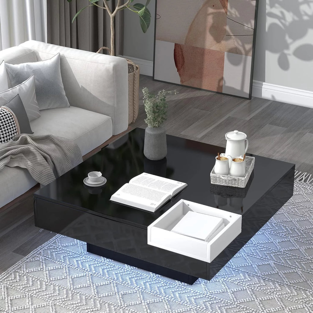Black Square Coffee Table with Tray and LED Lights O30075