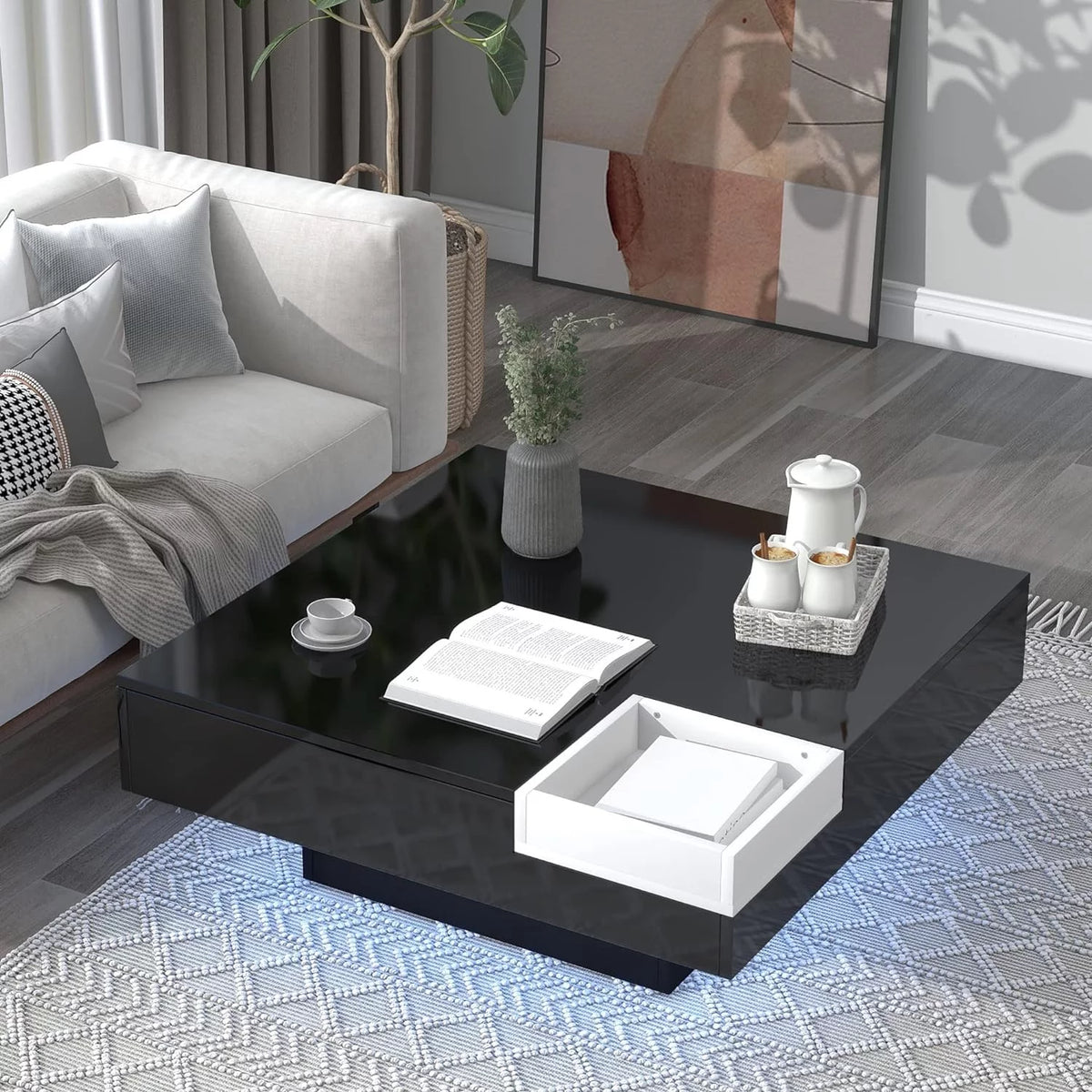 Black Square Coffee Table with Tray and LED Lights O30075