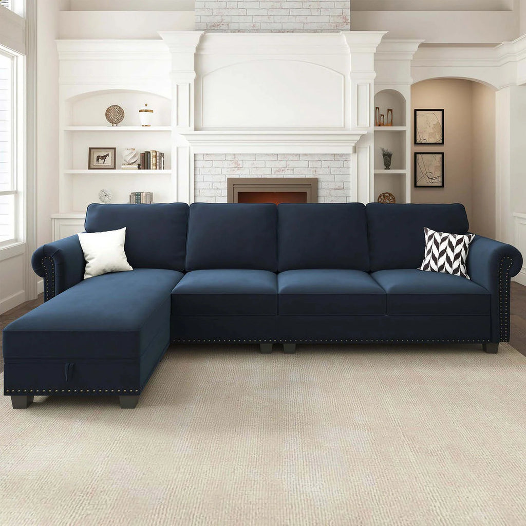 Black Velvet Sectional Sofa with Storage Ottoman and Reversible Chaise I179163