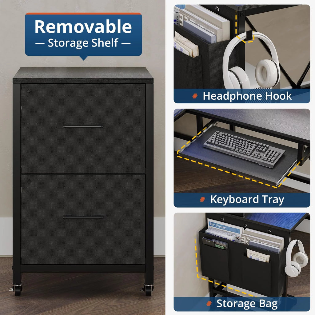 L Shaped Computer Desk with Power Outlet and LED Strip, Black R47365