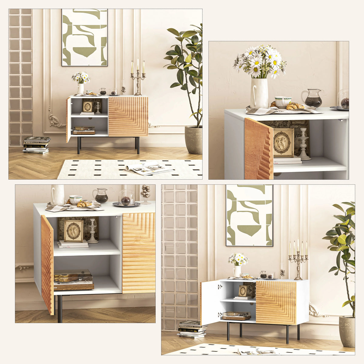 Mid Century Poplar Wood Sideboard Buffet Cabinet with Doors E6981