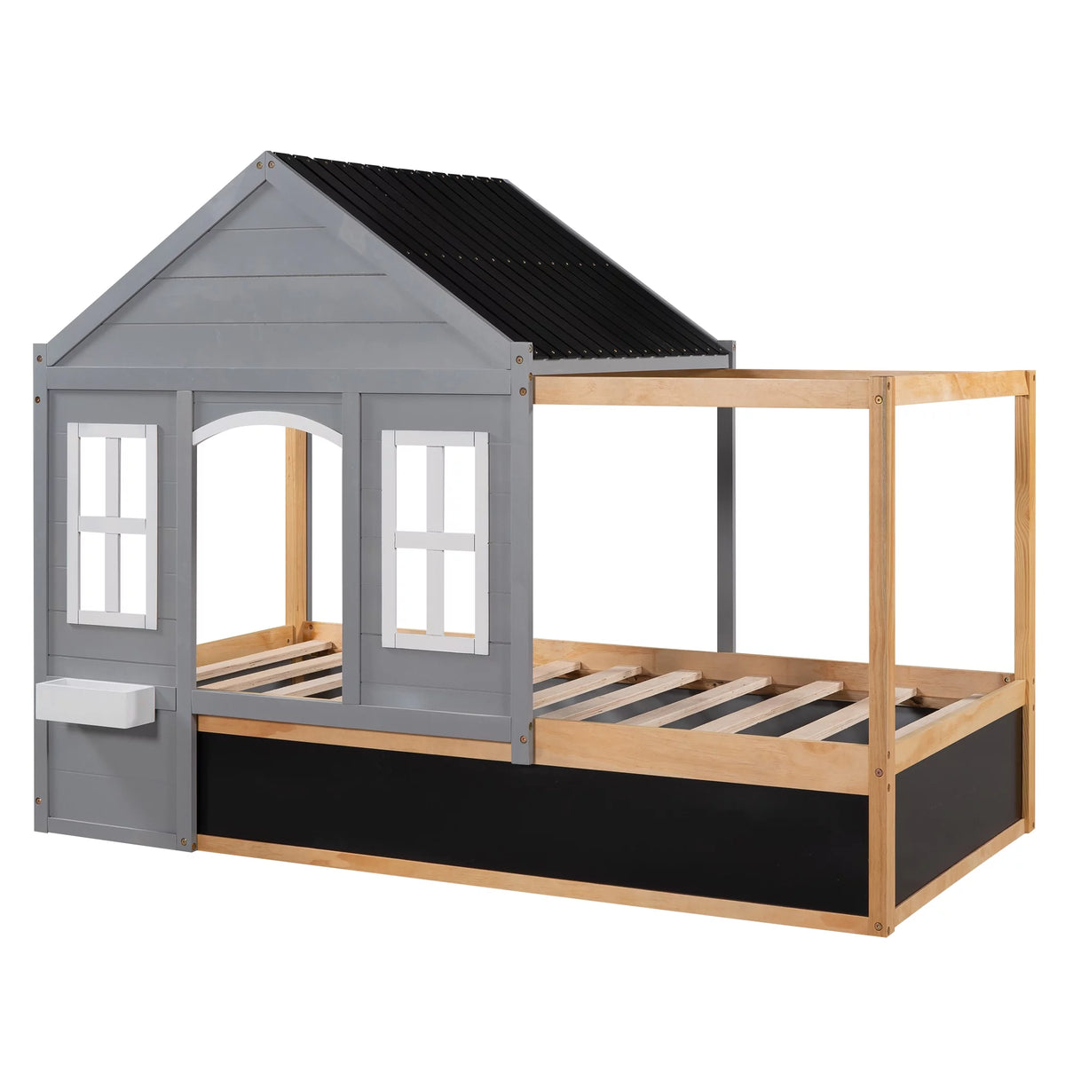Wood Twin Size House Bed with Roof and Blackboard E94767