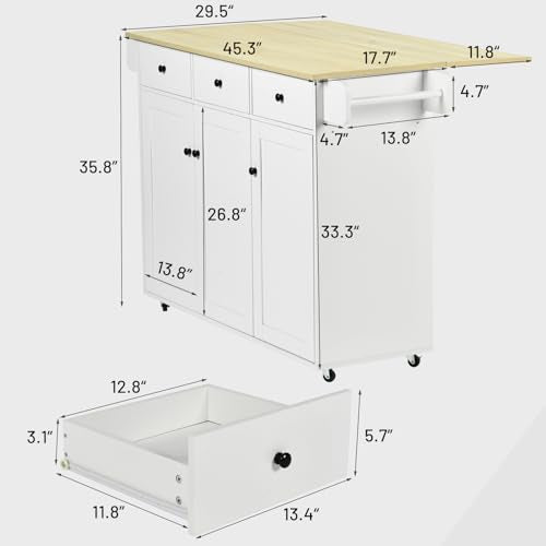 White Mobile Kitchen Island Cart with Drop Leaf X2656