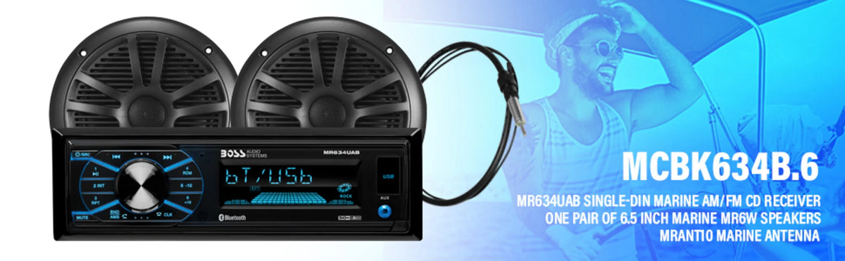 Single Din Bluetooth Marine Stereo with 6.5 Inch Speakers and Antenna Q15346