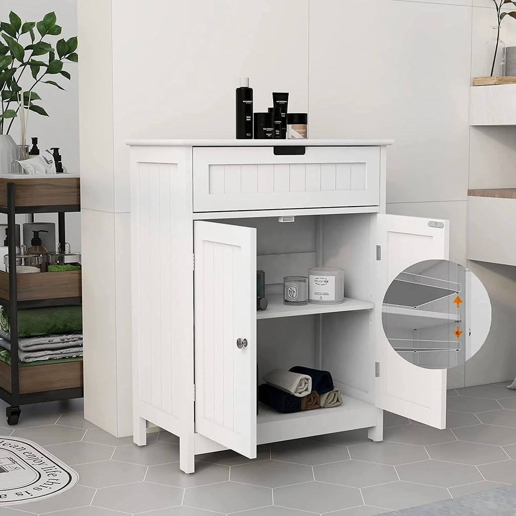White 2 Door 1 Drawer Wood Bathroom Floor Cabinet K260