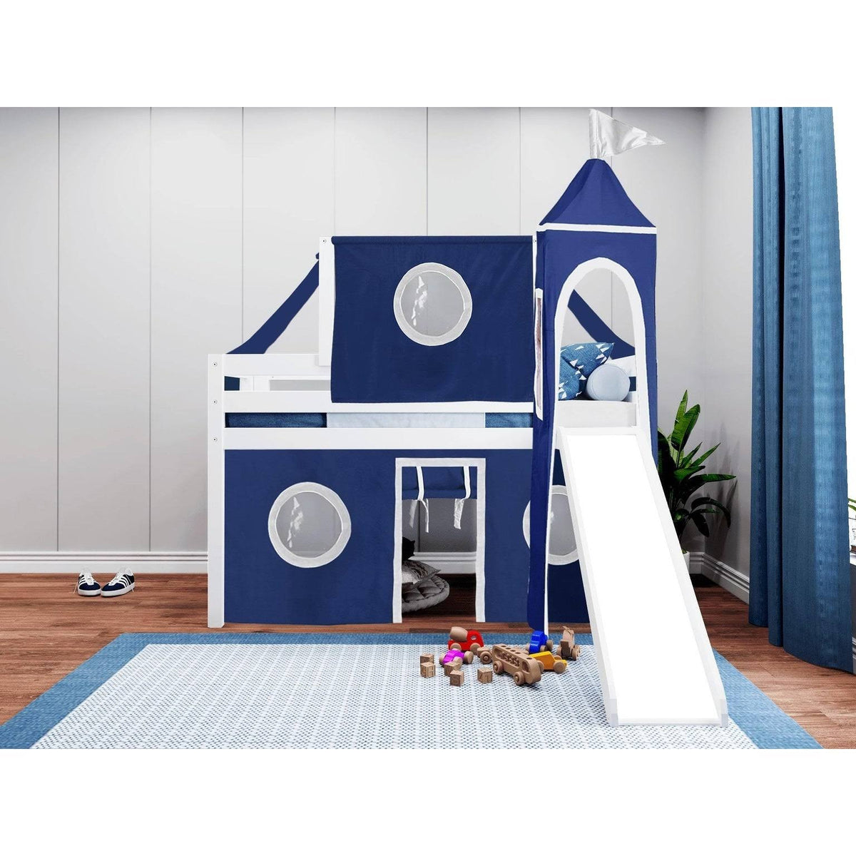 Low Loft Twin Bed with Slide and Tent and Tower, Gray W32616