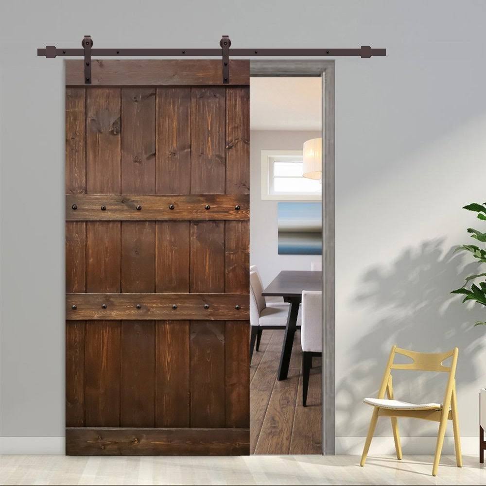 Brown Stained Solid Pine Wood Interior Sliding Barn Door with Hardware Kit X790