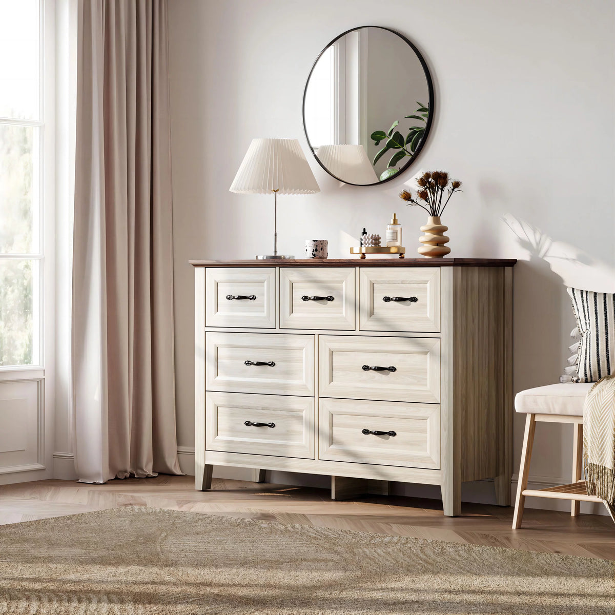 7 Drawer Rustic Oak Wood Dresser S8416