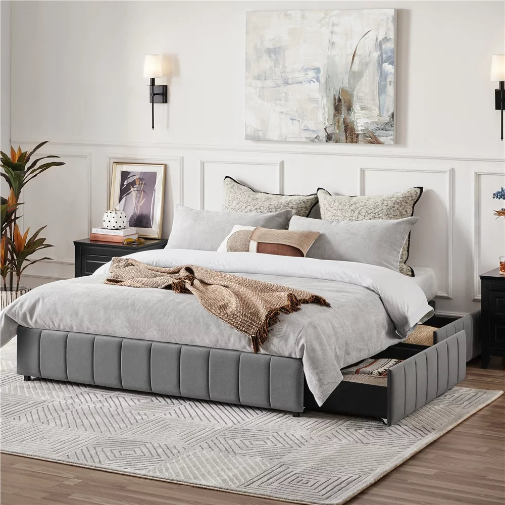 Queen Size Upholstered Bed Frame with 4 Storage Drawers, Beige V593666