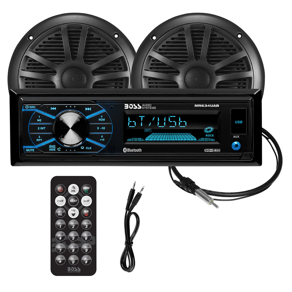 Single Din Bluetooth Marine Stereo with 6.5 Inch Speakers and Antenna Q15346