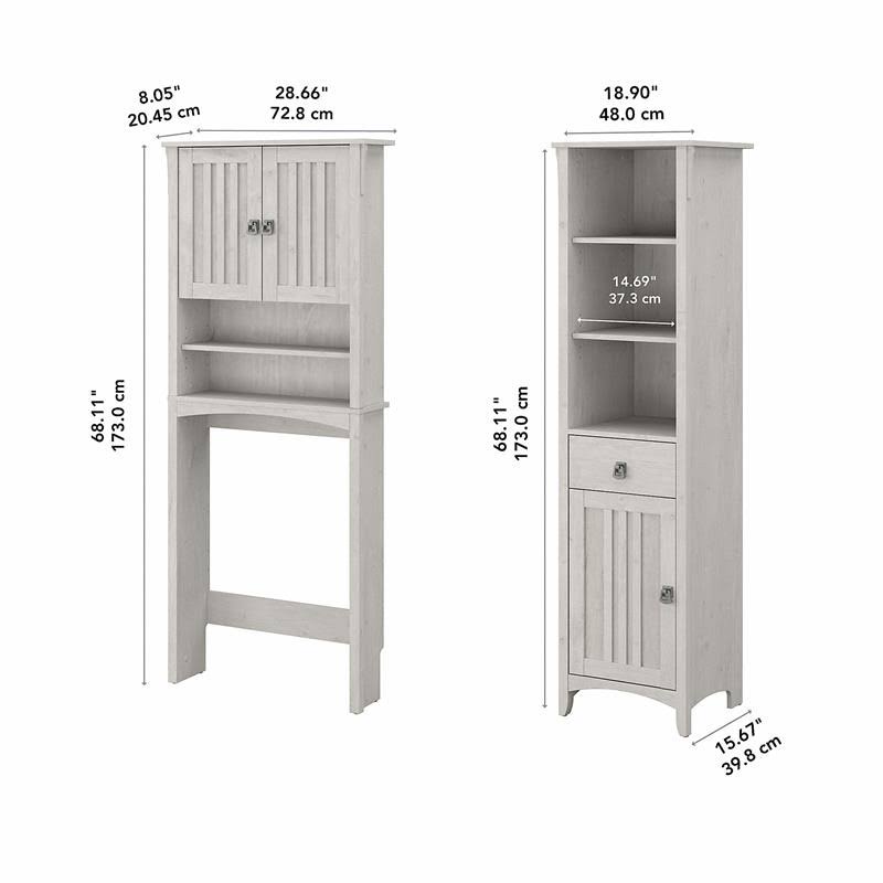 Linen White Oak Tall Cabinet and Over The Toilet Storage Cabinet H1931
