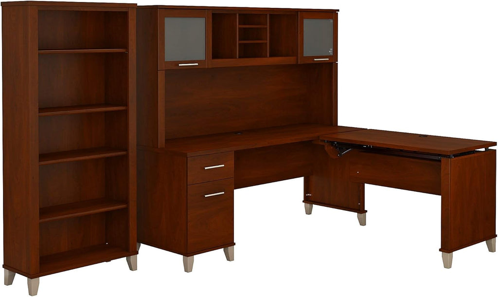 72W L Shaped Sit to Stand Desk with Hutch and Bookcase B9142