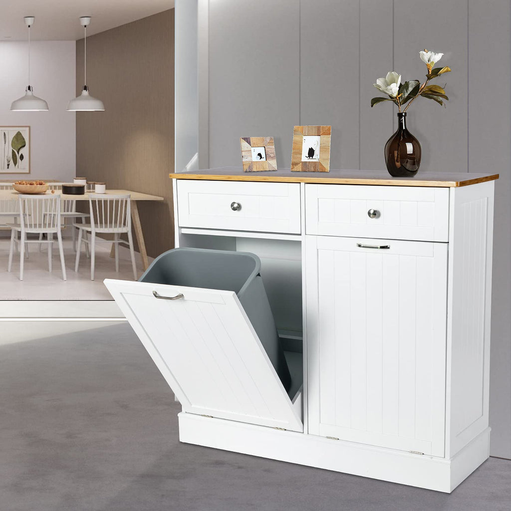 Double Tilt Out Trash Cabinet with Two Wood Drawers, Gray B59326
