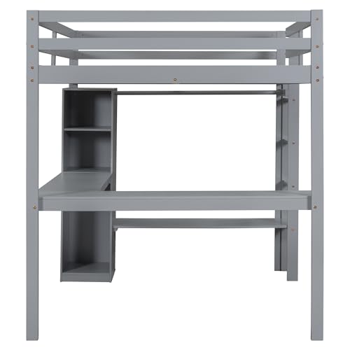 Grey Wood Full Size Loft Bed Frame with Desk, Wardrobe and Shelves Q49243