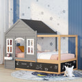 Wood Twin Size House Bed with Roof and Blackboard E94767