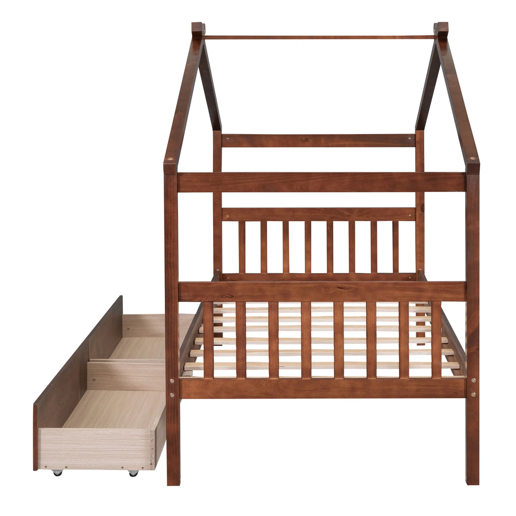 Wood Twin Size House Shaped Canopy Bed with Storage Drawers D625113