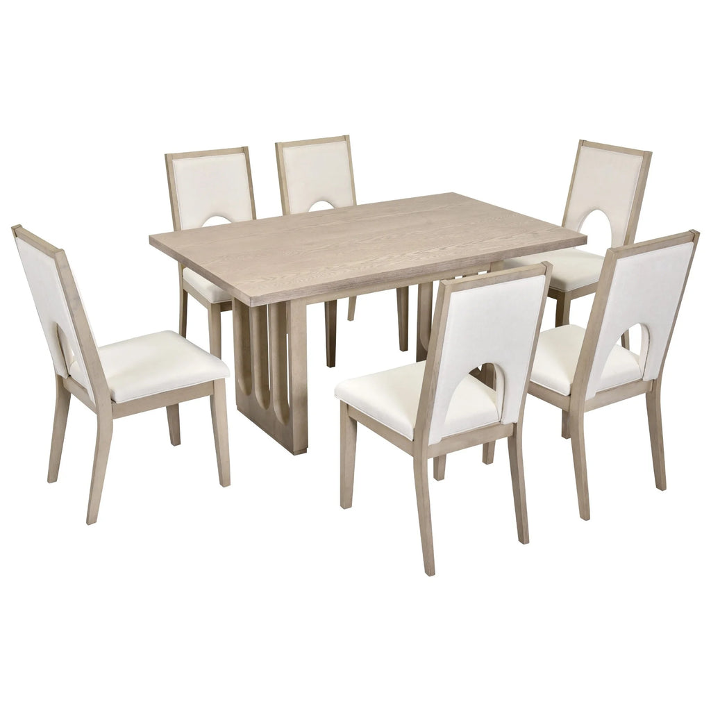 Natural Wood Wash 7-Piece Dining Table Set with 6 Upholstered Chairs Y2492