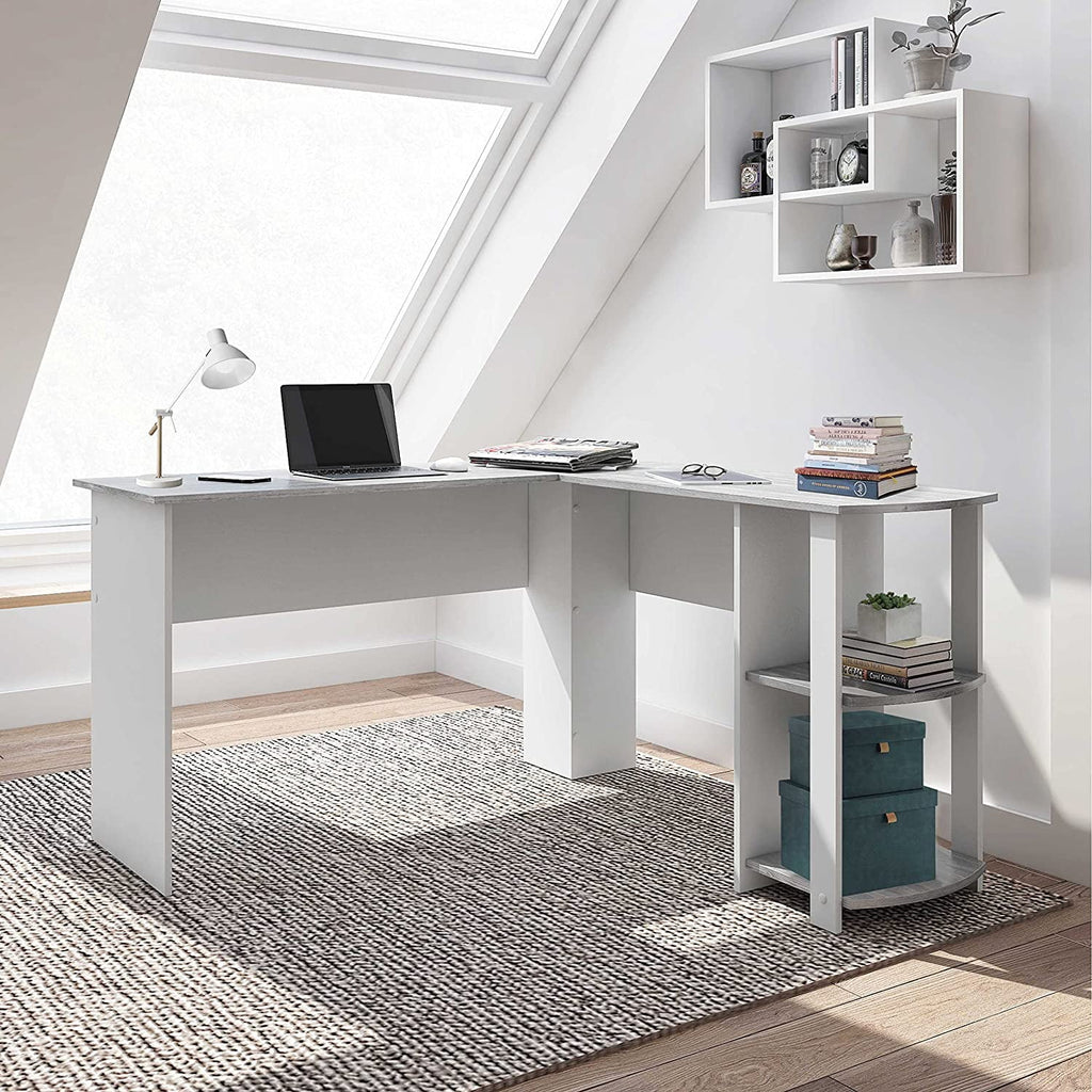 Shaped Desk with Corner Bookshelf & Side Storage Shelves A58580