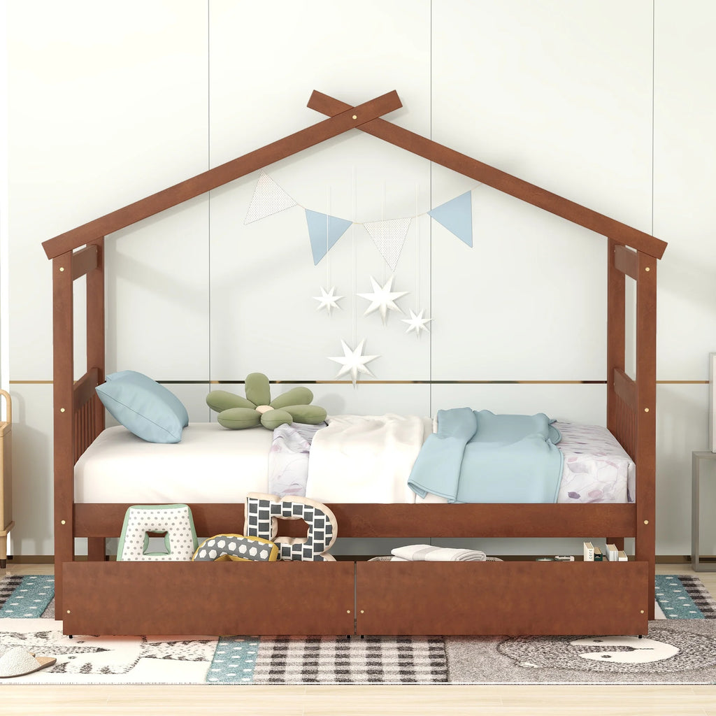 Wood Twin Size House Shaped Canopy Bed with Storage Drawers D625113
