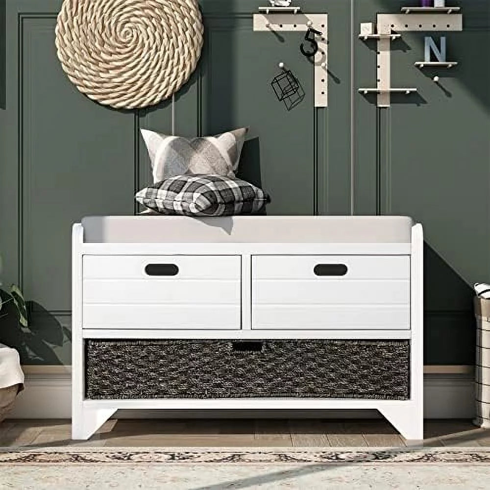 White Wooden Entryway Bench with Cushion 2 Drawers M595990