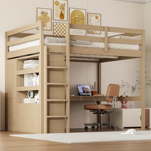 Full Size Wood Loft Bed with Desk and Wardrobe S89056