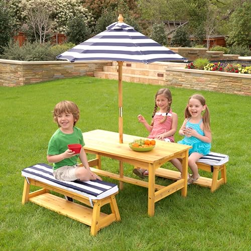 Outdoor Wooden Table & Bench Set with Cushions and Umbrella U68203
