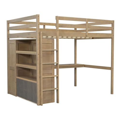 Full Size Wood Loft Bed with Desk and Wardrobe S89056