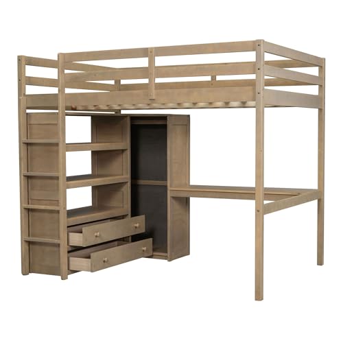 Full Size Wood Loft Bed with Desk and Wardrobe S89056