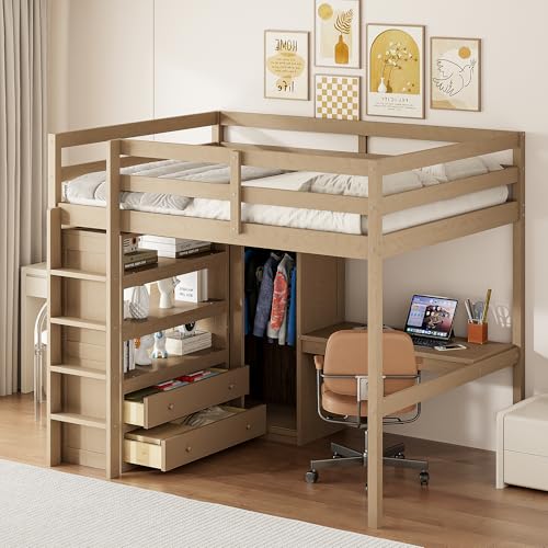 Full Size Wood Loft Bed with Desk and Wardrobe S89056