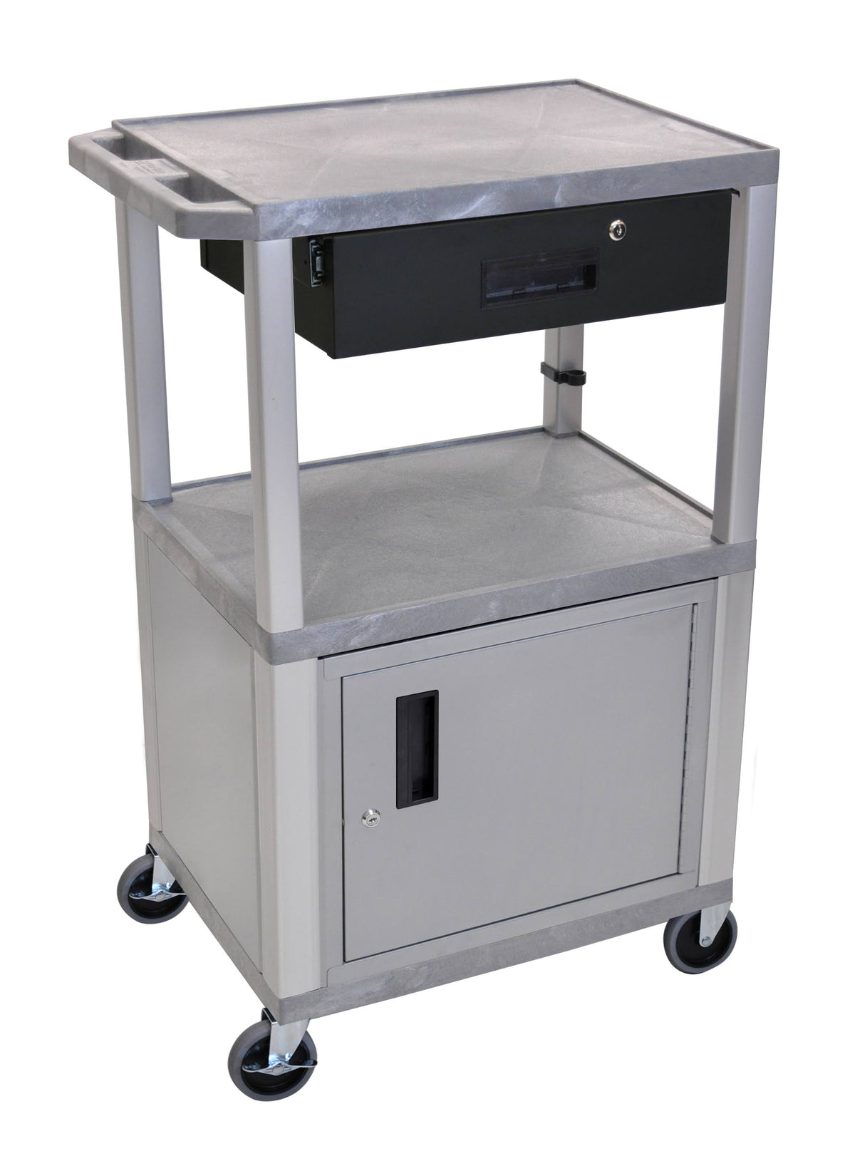 42x22H Cart with Cabinet 3 Shelves Drawer Gray Z34362