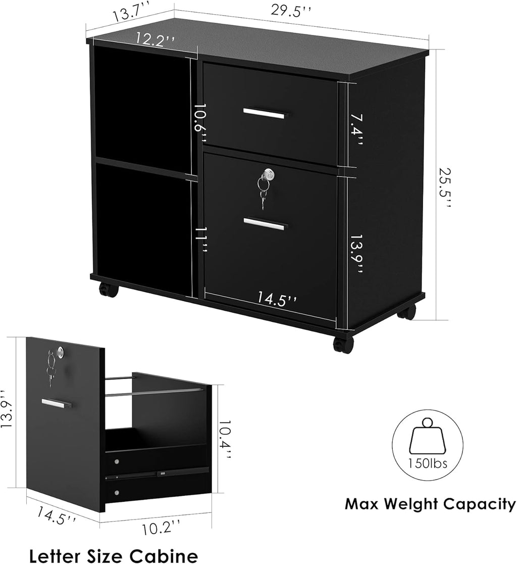 Black Wood File Cabinet with Lock and Drawers I26641