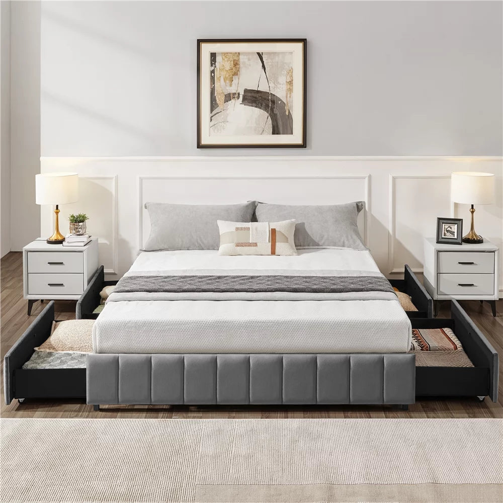 Queen Size Upholstered Bed Frame with 4 Storage Drawers, Beige V593666