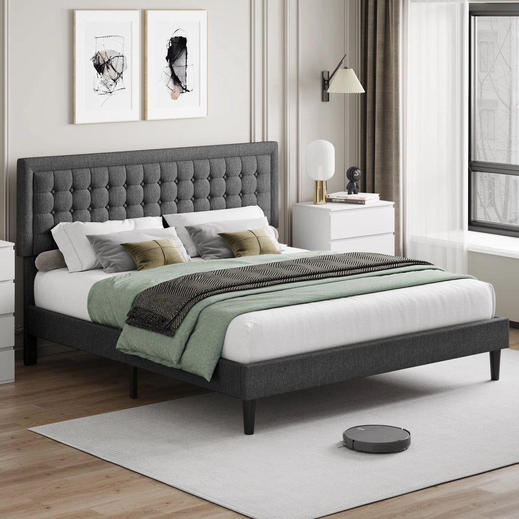 King Size Gray Linen Fabric Upholstered Bed Frame X259