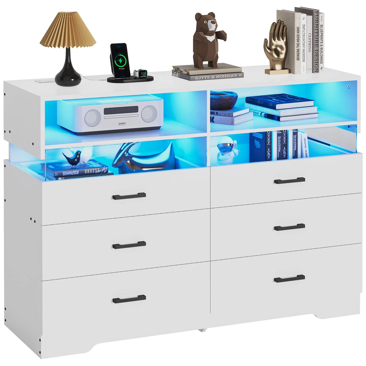 White 6 Drawer Dresser with Charging Station L889521
