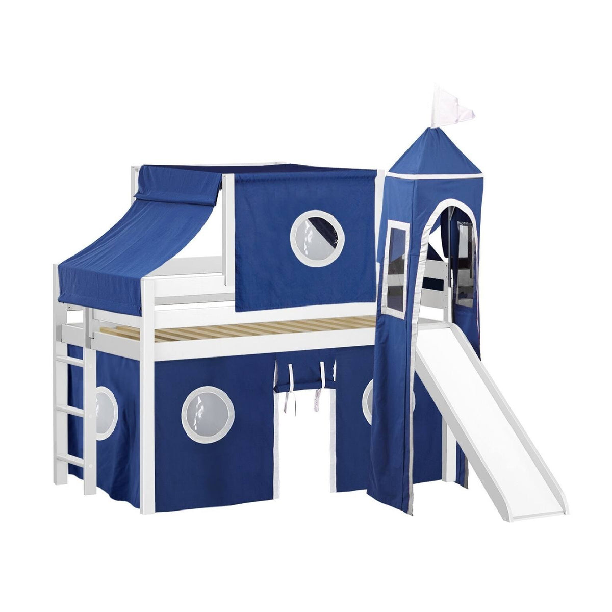 Low Loft Twin Bed with Slide and Tent and Tower, Gray W32616
