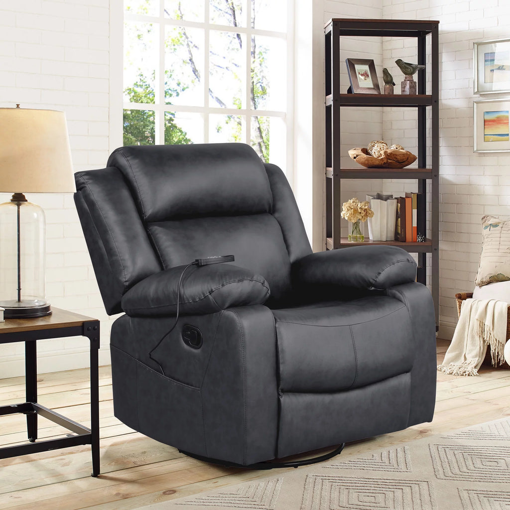 Black Faux Leather Swivel Recliner with Massage and Heat H96272