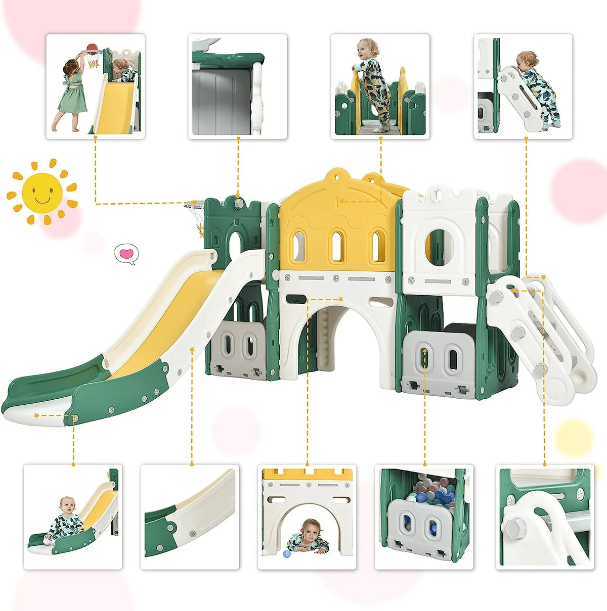 6 in 1 Kids Slide Set with Basketball Hoop and Tunnel, Green M9341