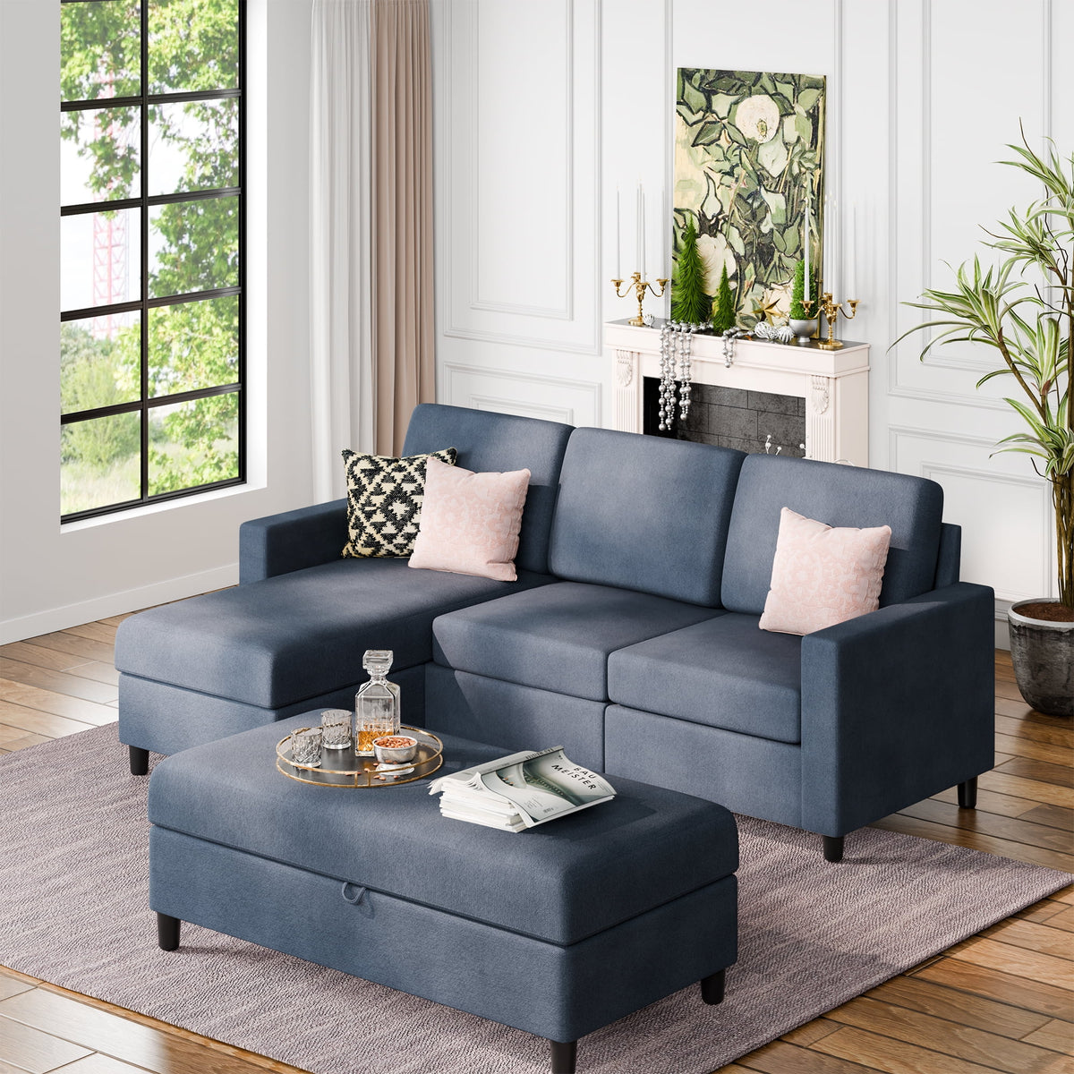 L Shaped 4 Seat Sectional Sofa with Storage Ottoman P3590