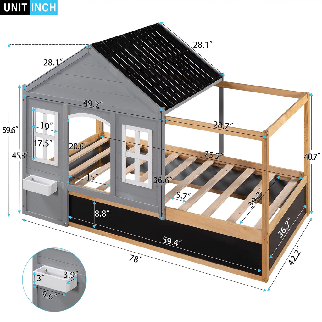 Wood Twin Size House Bed with Roof and Blackboard E94767