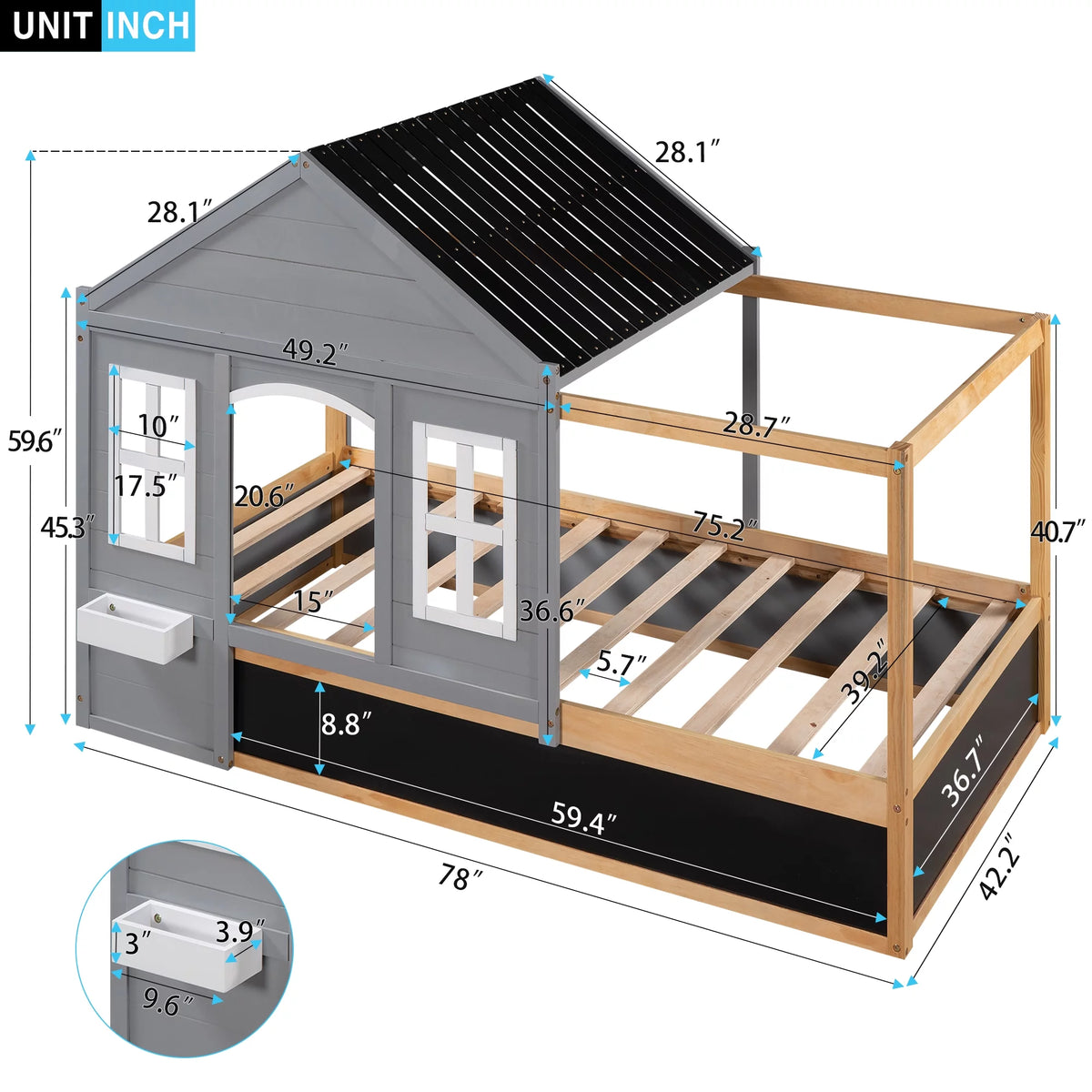 Wood Twin Size House Bed with Roof and Blackboard E94767