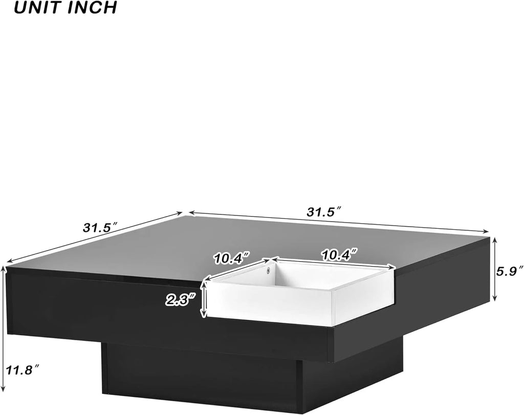 Black Square Coffee Table with Tray and LED Lights O30075