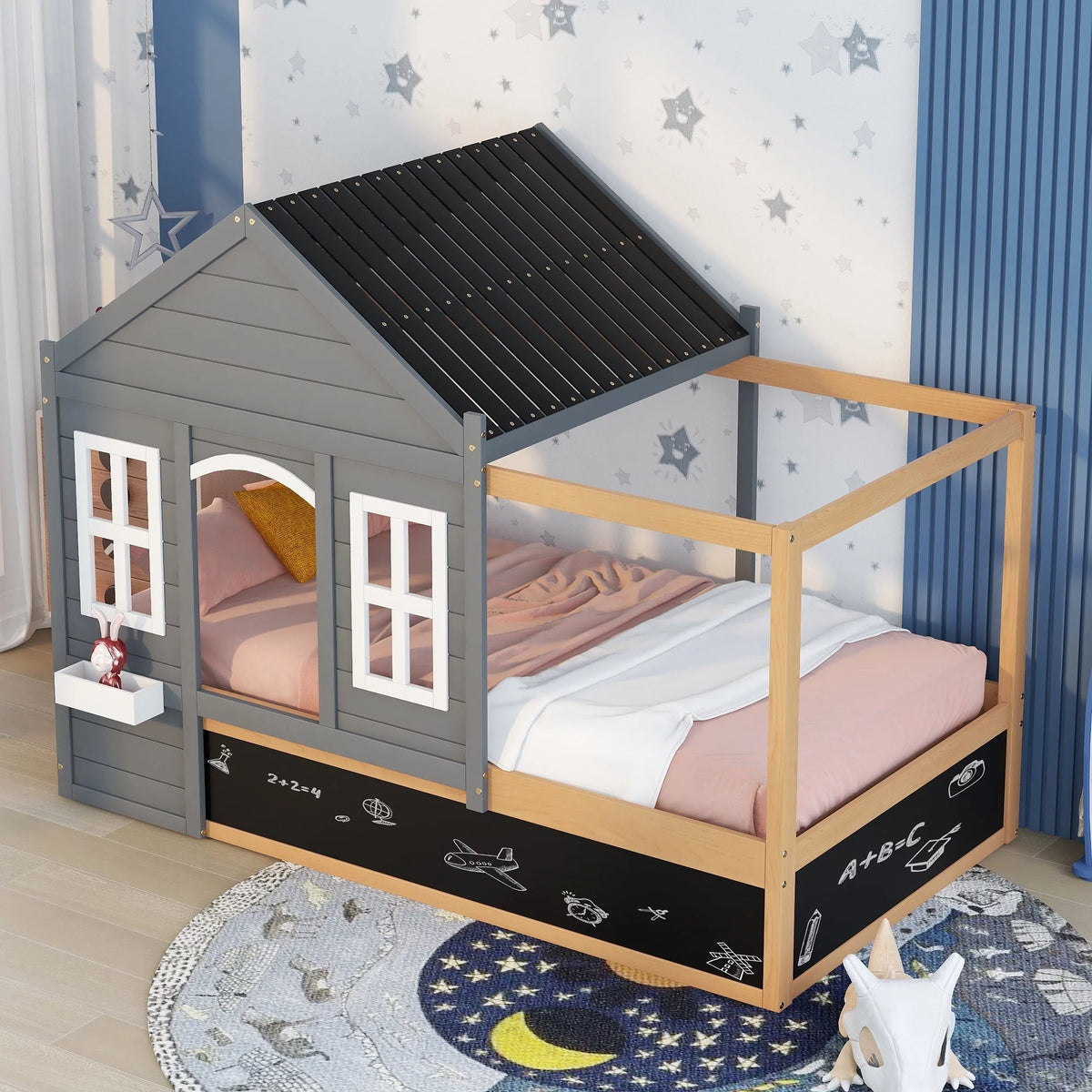 Wood Twin Size House Bed with Roof and Blackboard E94767