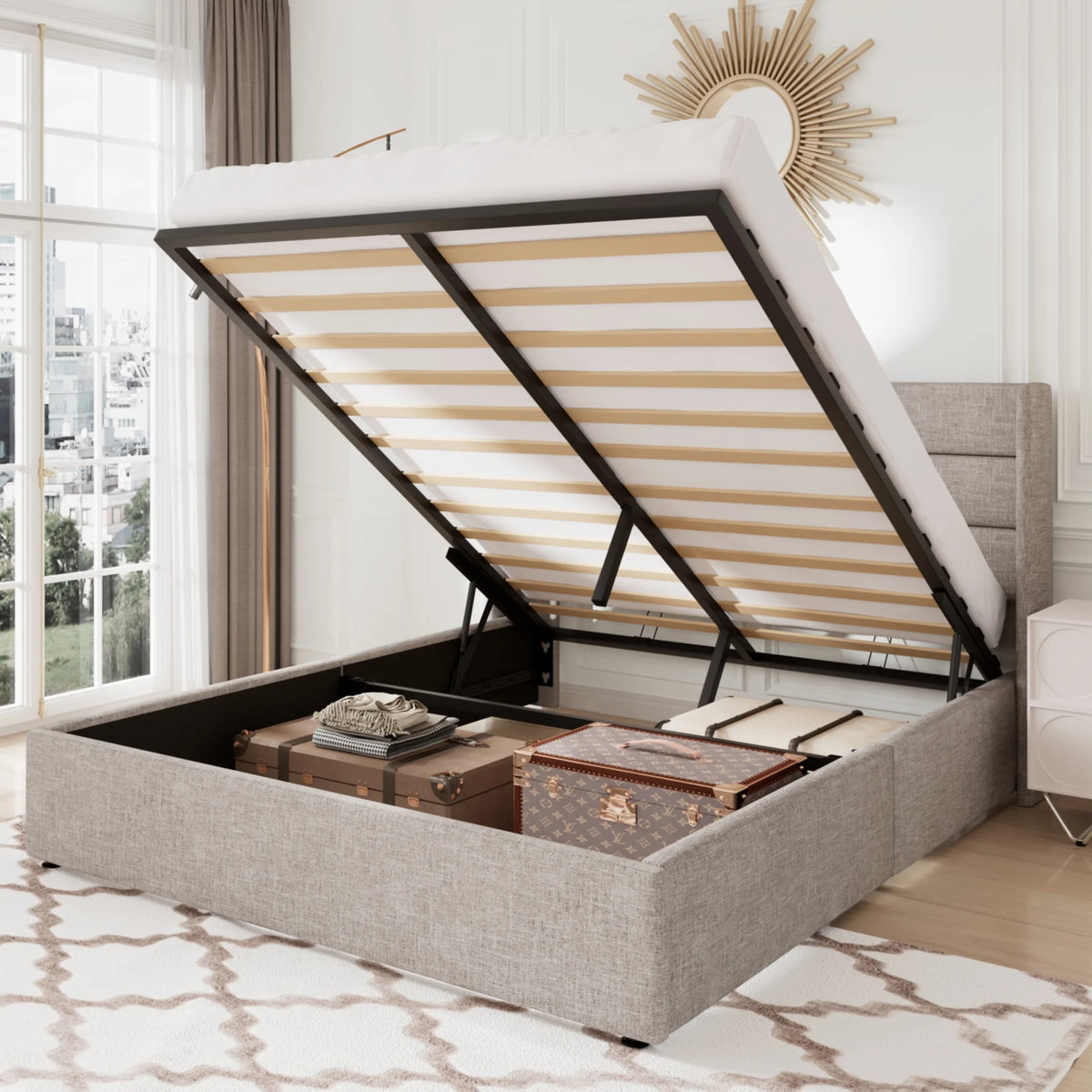 Queen Size Lift Up Storage Bed Frame with Wingback Headboard P264872