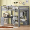 Grey Wood Full Size Loft Bed Frame with Desk, Wardrobe and Shelves Q49243