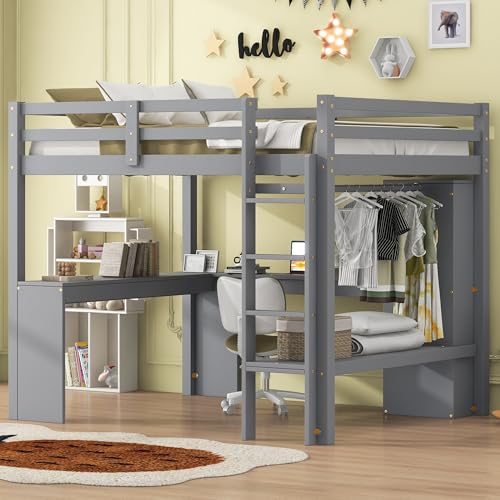 Grey Wood Full Size Loft Bed Frame with Desk, Wardrobe and Shelves Q49243