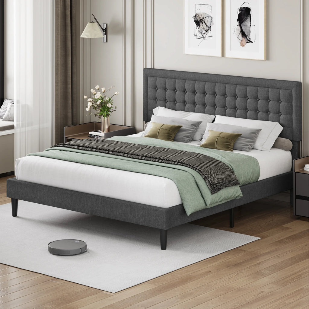 King Size Gray Linen Fabric Upholstered Bed Frame X259