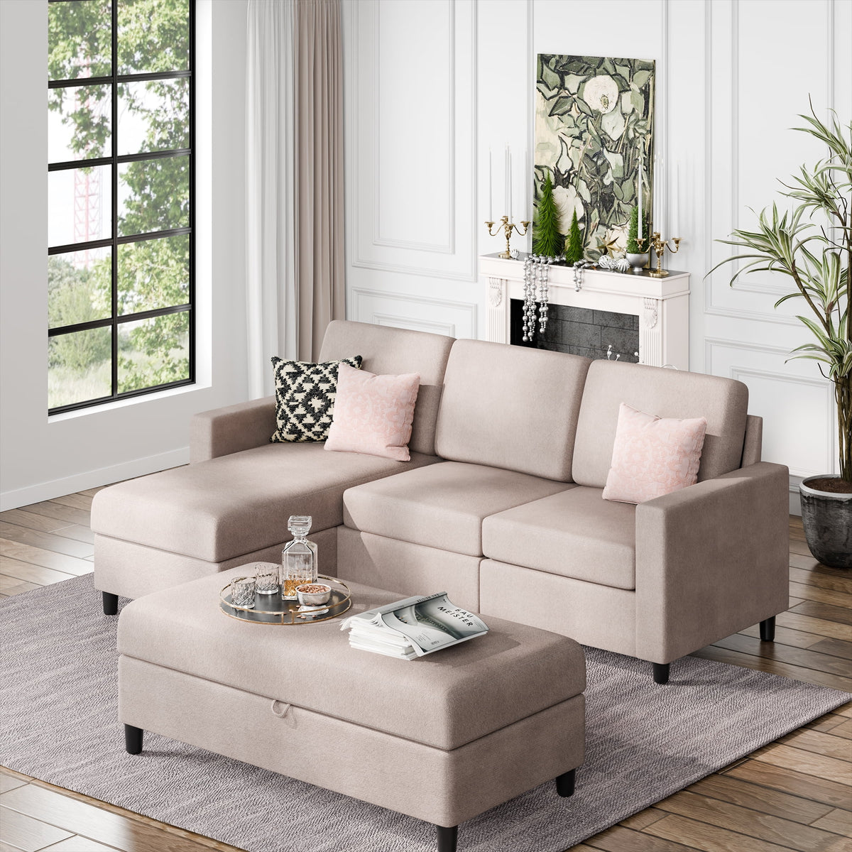 L Shaped 4 Seat Sectional Sofa with Storage Ottoman P3590